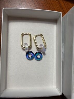 Gold Rectangular Hoop Earrings with Iridescent Blue and Opal Accents.